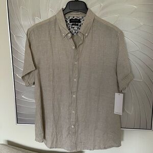 Ricky Singh Flower & Denim beige Linen Short Sleeve Shirt NEW NWT LARGE Mens